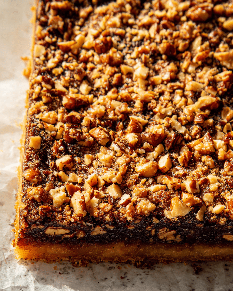 A close-up view of a rectangular nut tart with one corner slightly lifted, showing a thin golden-brown crust underneath and a thick top layer covered in finely chopped nuts that are toasted to a deep brown and golden mix, creating a crunchy texture. The tart sits on white marbled paper-lined surface, highlighting the rich nutty topping and crispy edges, with a warm light giving the nuts a shiny finish photo taken with an iphone --ar 4:5 --v 7