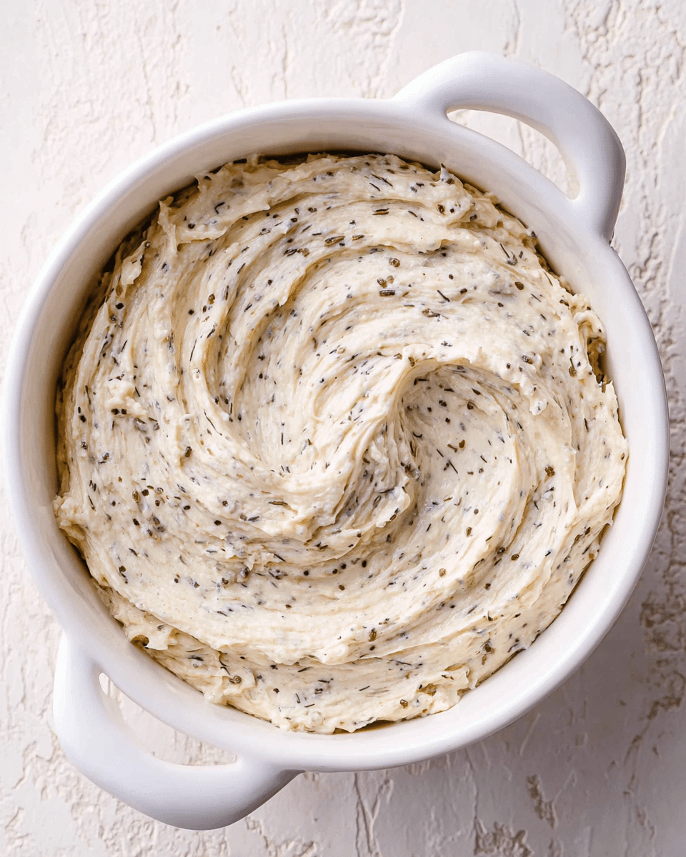 A close-up view of a thick, creamy spread with small flecks of herbs mixed throughout, swirled smoothly inside a white bowl with handles, placed on a white marbled textured surface. The spread has a light beige color with visible tiny dark and green herb pieces evenly distributed, creating a textured look on its soft surface. The swirl pattern forms gentle peaks and valleys, giving a sense of fluffy, rich texture. Photo taken with an iphone --ar 4:5 --v 7