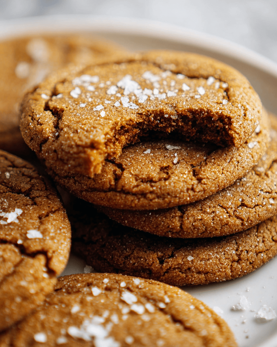 A close-up view of four soft brown cookies stacked slightly on each other on a white plate, with one cookie at the top center partially eaten showing its soft inside, all sprinkled with small white salt flakes on top, with a detailed textured surface and slight cracks. The background shows a white marbled texture. Photo taken with an iphone --ar 4:5 --v 7