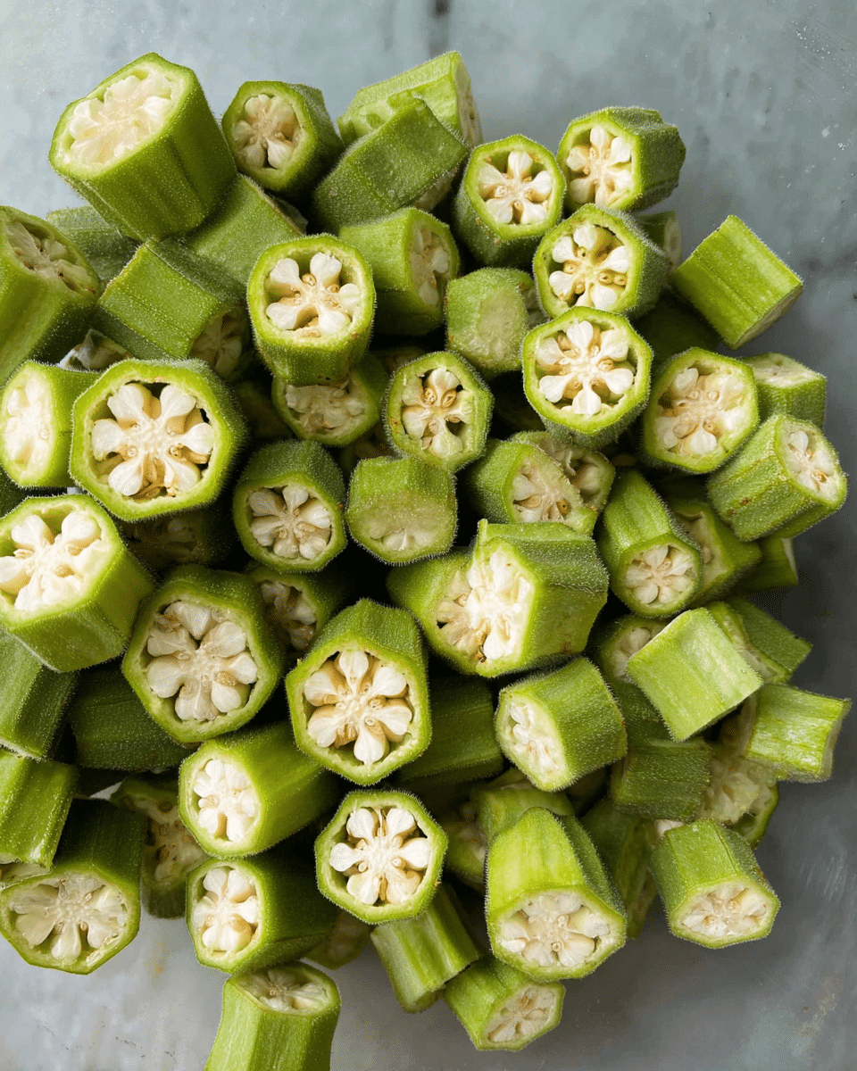 A close-up view of many small pieces of okra, sliced into thick green rounds showing the light cream-colored seeds inside, all piled together in a white bowl with a smooth texture. The background has a white marbled surface, making the bright green of the okra stand out clearly. photo taken with an iphone --ar 4:5 --v 7