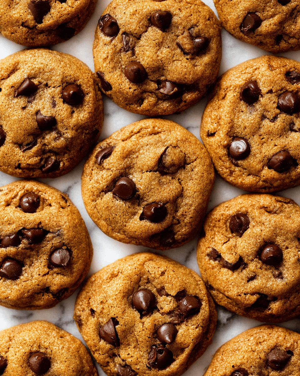 The image shows a close-up of soft, round chocolate chip cookies arranged closely together on a white marbled surface. Each cookie has a light brown, slightly cracked top layer with dark brown, semi-melted chocolate chips scattered unevenly across the surface, some near the center and some close to the edge. The texture looks soft and chewy with small creases and crumbles on the cookie edges. The cookies are overlapping slightly in some areas, filling the frame with a warm and inviting look. photo taken with an iphone --ar 4:5 --v 7