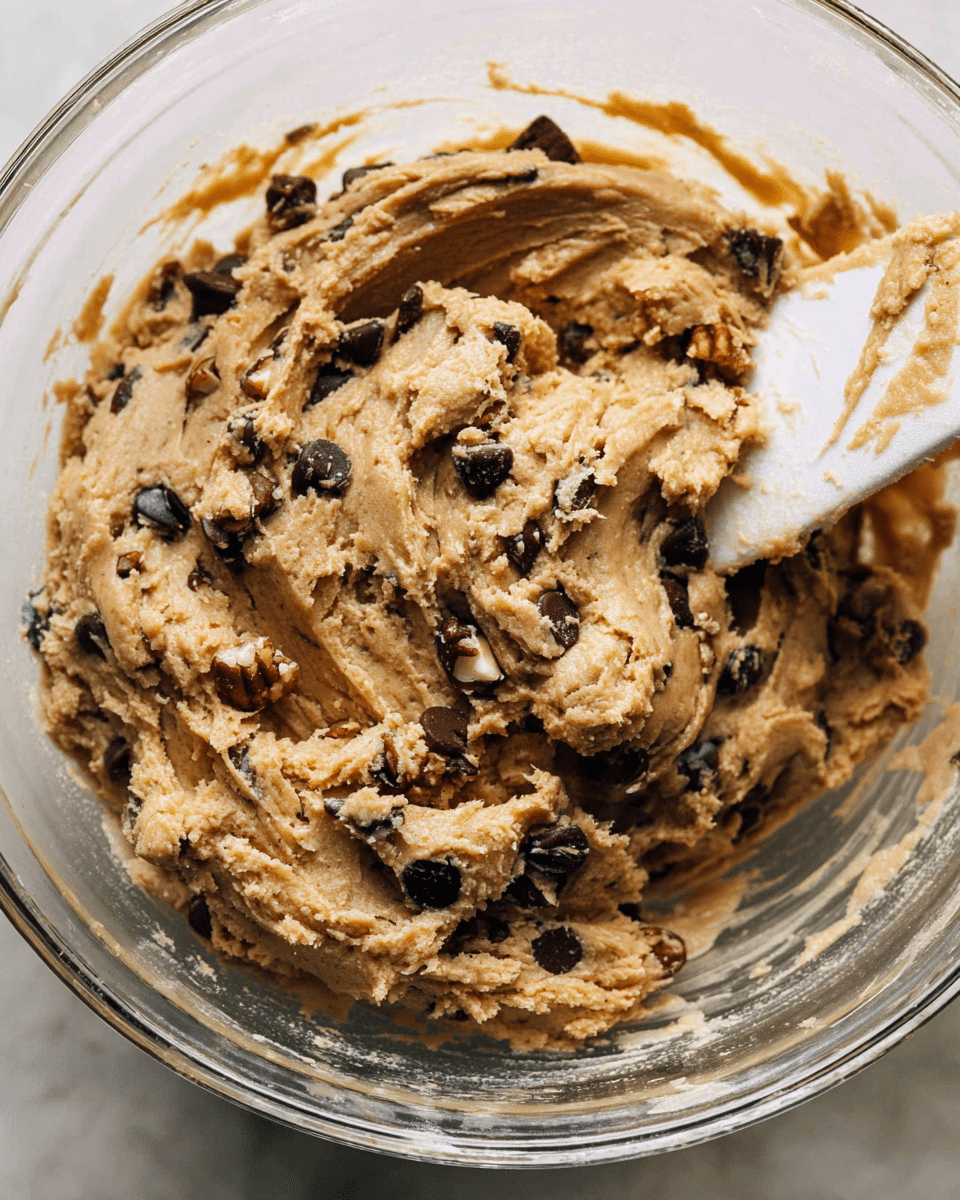 A close-up view of thick light brown cookie dough mixed with dark chocolate chips and pieces of nuts in a clear glass bowl, showing a rough texture with visible swirls and folds from mixing, and a white spatula partially covered in dough resting inside the bowl, all set against a white marbled background photo taken with an iphone --ar 4:5 --v 7