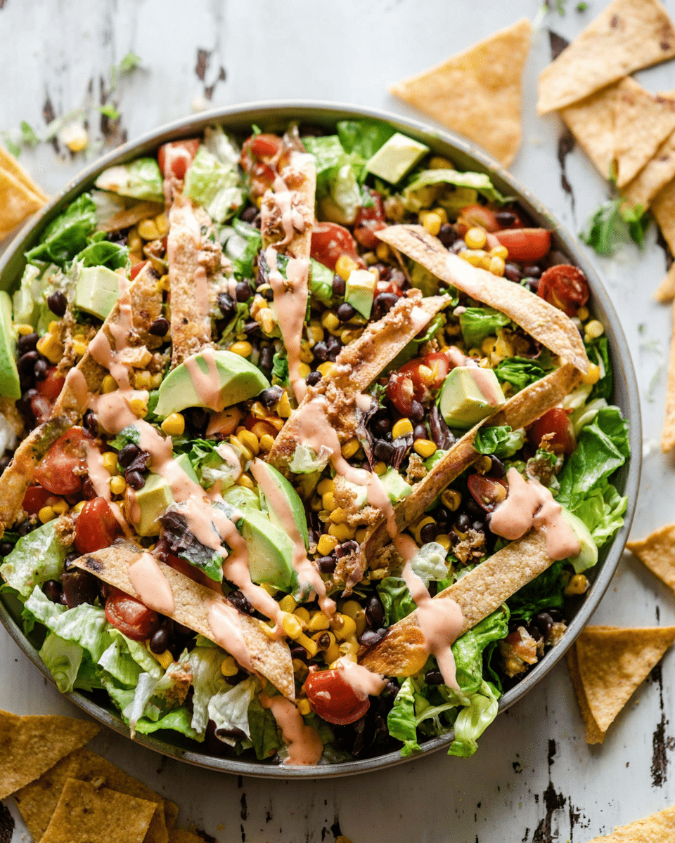 A deep bowl filled with a colorful layered salad, featuring a base of fresh green lettuce leaves scattered unevenly. Mixed in are bright yellow corn kernels, deep black beans, and chopped red cherry tomatoes adding pops of color. Light tan, crispy tortilla strips are layered on top, some resting on the salad and others standing slightly upright. Small chunks of light green avocado are spread throughout. An orange-pink creamy dressing is drizzled in thin lines over the entire dish, adding a smooth texture contrast. The bowl is placed on a rustic white marbled surface with extra tortilla strips around it. Photo taken with an iphone --ar 4:5 --v 7