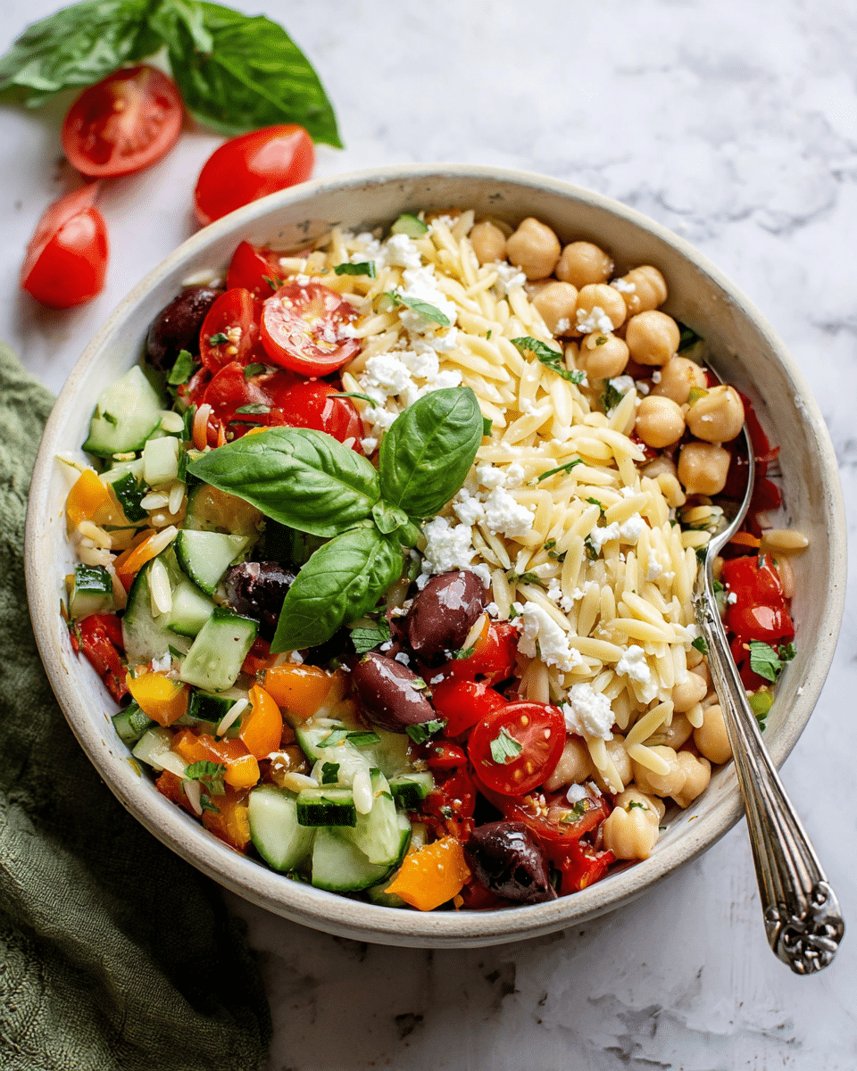 A large white bowl filled with a colorful pasta salad sits on a white marbled surface. The salad has one main layer that mixes small rice-shaped pasta with halved cherry tomatoes in bright red, chunks of orange bell pepper, whole chickpeas in pale beige, dark purple olives, small pieces of white cheese, and green cucumber slices. The textures vary from soft pasta to crunchy veggies. A silver spoon is placed on the right side inside the bowl, and a few halved cherry tomatoes lie scattered on the surface near the bowl. The background includes a soft pink cloth and some green leaves slightly blurred for a fresh look. photo taken with an iphone --ar 4:5 --v 7