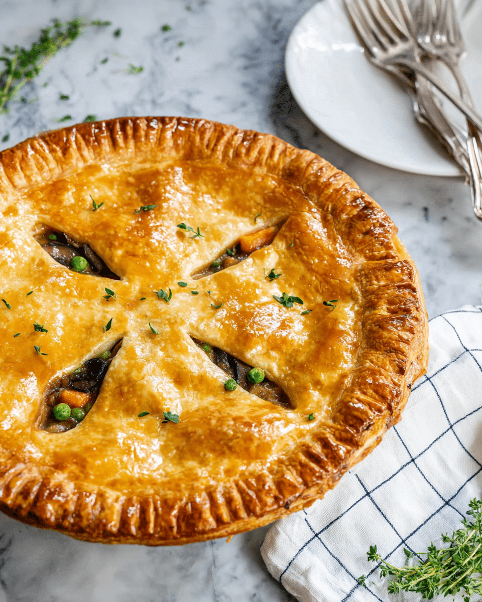 A golden brown pie with a shiny, flaky crust sits on a white marbled surface. The crust is thick and crimped around the edges, with six triangular vents cut into the top, showing a rich filling of green peas, dark mushrooms, and small orange carrot pieces inside. Small green herb leaves are sprinkled on the crust, adding a fresh touch. In the background, there is a white plate with silver forks and a white cloth napkin with a navy blue grid pattern. Some fresh green herbs lie near the pie, enhancing the natural look. Photo taken with an iphone --ar 4:5 --v 7
