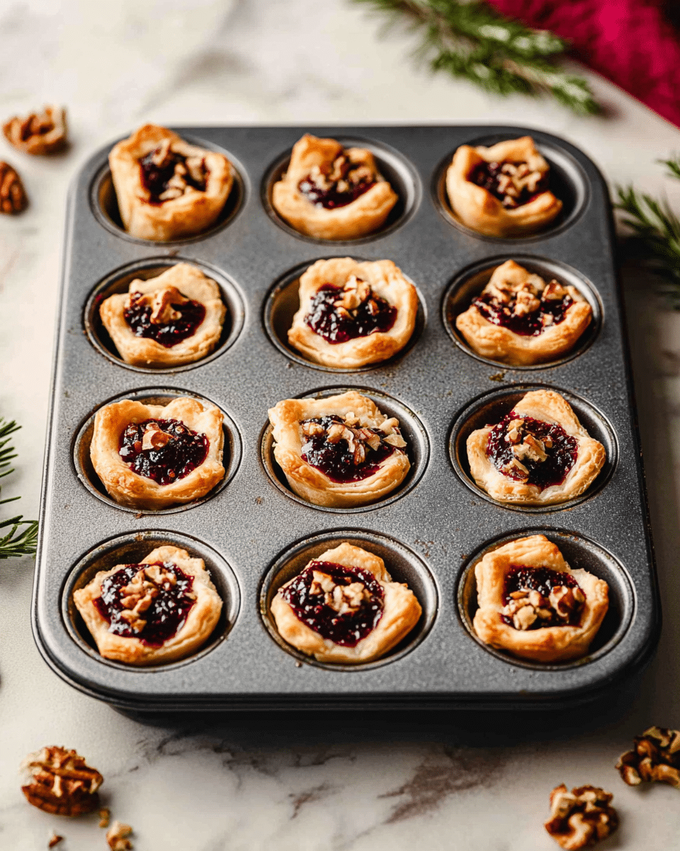 A gray metal muffin tray holds twelve mini tarts, each tart featuring a golden-brown flaky pastry crust that forms a small cup shape. Inside the pastry cups, there is a dark red berry filling with a shiny, slightly sticky texture. On top of the filling, small pieces of chopped nuts are scattered, adding a crunchy detail. The muffin tray rests on a white marbled surface, with small sprigs of rosemary and scattered whole nuts placed nearby, enhancing the cozy and fresh scene. photo taken with an iphone --ar 4:5 --v 7