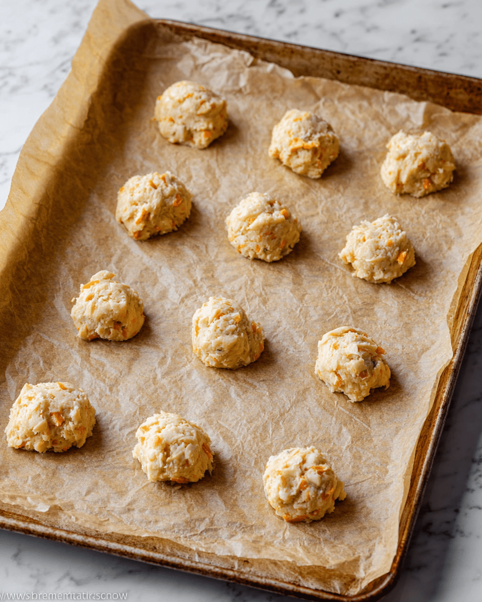 A metal baking sheet holds twelve uneven, round dollops of pale dough mixed with small orange and white bits, each placed on crinkled light brown parchment paper that covers the entire sheet. The dough balls have a slightly rough texture and are spaced evenly, ready for baking. The background is a white marbled surface, and the scene is lit with soft, natural light. photo taken with an iphone --ar 4:5 --v 7