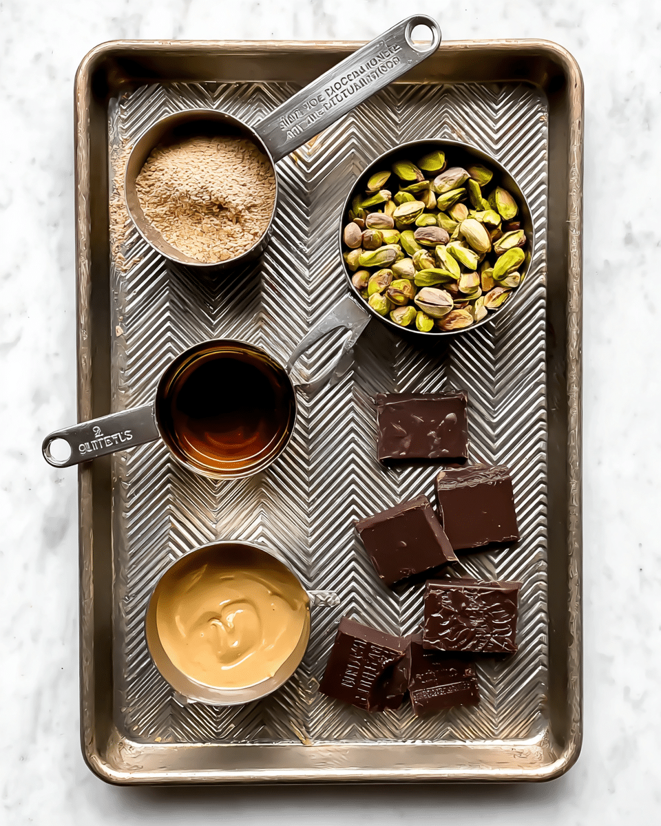A metal baking tray with a chevron pattern holds five measuring cups and four square pieces of dark chocolate. At the top left, a 1/4 cup measuring cup is filled with light brown powder. Next to it, a 1/3 cup measuring cup is filled with green and yellowish pistachios. Below the pistachios, a 1/3 cup measuring cup contains a dark amber liquid. At the bottom left, a 1/2 cup measuring cup is filled with light tan creamy peanut butter. Four pieces of dark chocolate lie in the middle-left section of the tray, each with a detailed design on top. The tray sits on a white marbled texture surface. Photo taken with an iphone --ar 4:5 --v 7
