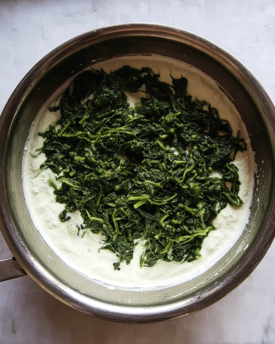 A metal pan contains two layers of food. The bottom layer is a smooth, creamy white mixture. On top of this, there is a loosely spread layer of cooked, bright green chopped spinach that adds texture and color contrast. The pan is placed on a white marbled surface. photo taken with an iphone --ar 4:5 --v 7