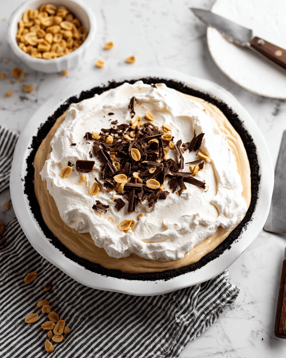 A pie on a white plate with a black crumbly crust at the bottom as the first layer. The second layer is a smooth, light brown cream filling spread evenly. On top of this is a thick layer of white whipped cream with a soft, fluffy texture, spread casually but fully covering the pie. In the center of the whipped cream layer are scattered dark chocolate shavings curled and small broken pieces of peanuts for decoration. The pie sits on a white marbled surface with a small white bowl filled with golden peanuts nearby and a knife with a wooden handle placed on a black and white striped cloth next to a metal serving spatula. Photo taken with an iphone --ar 4:5 --v 7