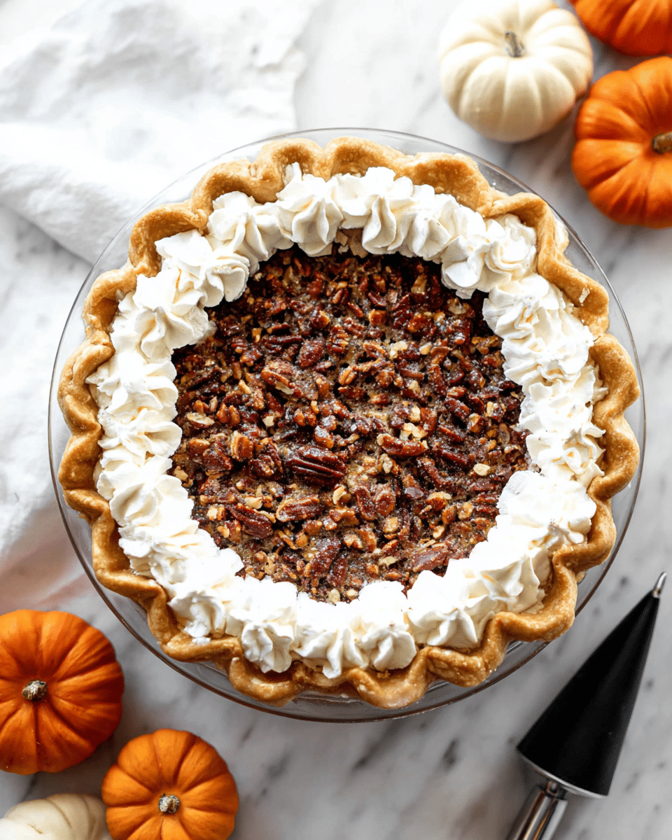 A pie with a golden brown, wavy crust in a clear glass pie dish sits on a white marbled surface. The pie filling is covered with a layer of chopped pecans, which are dark brown and textured. Around the edge of the pie, there is a ring of white whipped cream swirls, evenly spaced, soft and fluffy. Near the pie, on the white marbled surface, are small pumpkins in orange and off-white shades, and a piping bag with a black metal tip is placed near the bottom right corner. Photo taken with an iphone --ar 4:5 --v 7