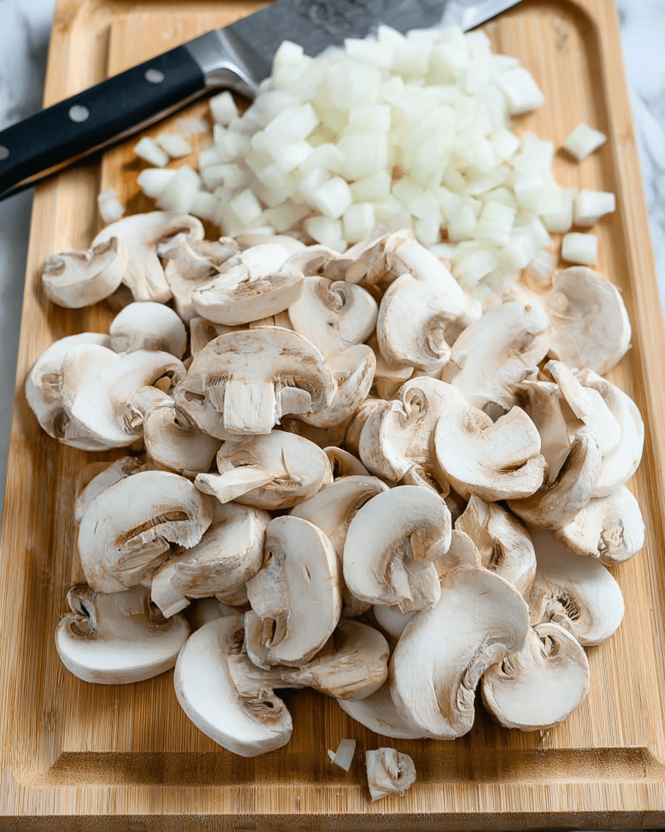 A pile of fresh, sliced white mushrooms and chopped white onions arranged closely together on a light wooden cutting board. The mushrooms are cut into medium-thick slices, showing their smooth white tops and light brown gills underneath. The small cubes of onions sit above the mushrooms on the board. A black Santoku knife with a wooden handle is partially visible under the vegetables on the left side. The whole scene is set on a white marbled surface. photo taken with an iphone --ar 4:5 --v 7