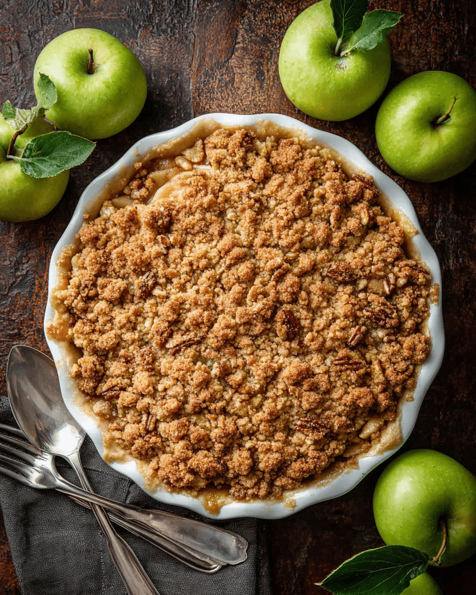 A round apple crumble pie with a thick, golden brown crumb topping sprinkled with small pieces of pecans covers the filling inside a white ceramic pie dish with a slightly scalloped edge; the crumb layer looks crunchy and textured, while hints of filling slightly bubble around the edges. The pie sits on a dark rustic surface, surrounded by several fresh green apples with stems and leaves showing natural texture. Next to the pie are two silver forks and a metal spoon resting casually. photo taken with an iphone --ar 4:5 --v 7