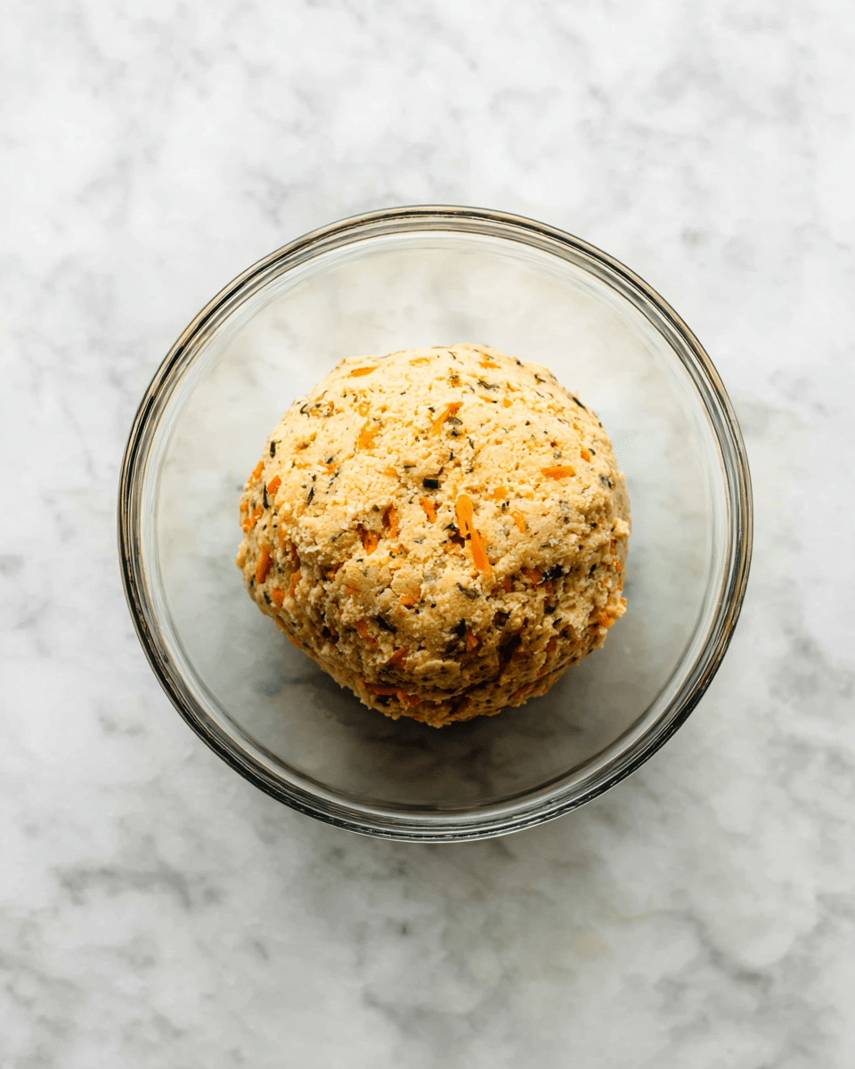 A round ball of dough with small pieces of orange and green mixed inside sits in the center of a clear glass bowl. The dough looks soft and slightly crumbly, with specks of herbs and seasoning throughout. The bowl is on a white marbled surface that has subtle grey veins, adding texture in the background. The glass bowl is simple and transparent, showing the dough clearly from above. photo taken with an iphone --ar 4:5 --v 7