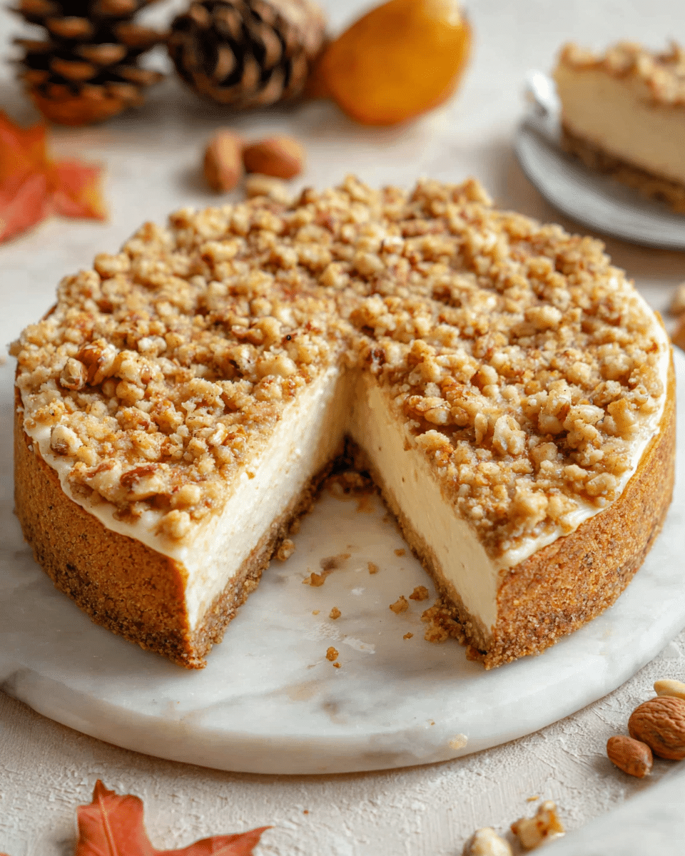A round dessert with three visible layers is shown on a white marbled surface. The bottom layer is a thick, crumbly crust in light brown color. The middle layer is a creamy off-white filling that looks smooth and dense. The top layer is a chunky, golden crumble with small bits of nuts scattered throughout, giving it a textured appearance. One slice has been taken out, revealing the inside clearly. Around the dessert, there are some scattered nuts, a pine cone, and autumn leaves, adding a seasonal touch. The photo taken with an iphone --ar 4:5 --v 7