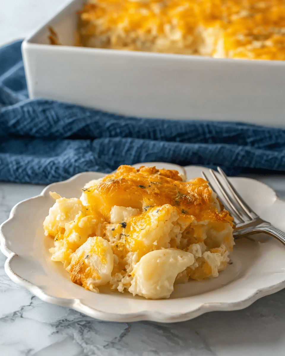 A serving of cheesy potato casserole is placed on a white scalloped plate. The dish has two visible layers: the bottom layer is creamy white potato chunks with a soft texture, and the top layer is melted golden-yellow cheese that slightly stretches over the potatoes. The plate is set on a white marbled surface with a dark blue cloth and a fork beside it, while a white baking dish filled with more of the casserole is seen blurred in the background. Photo taken with an iphone --ar 4:5 --v 7