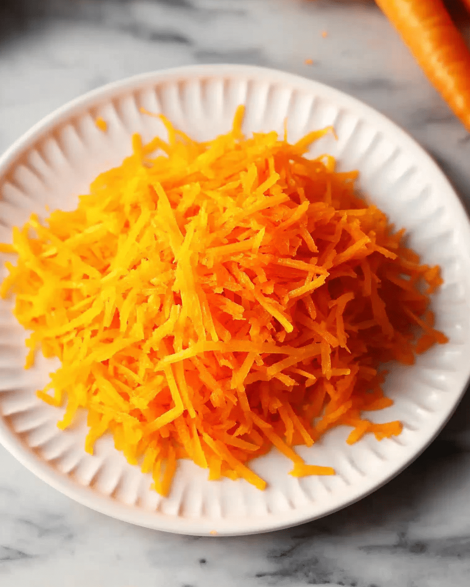 A white plate with a raised pattern around the edge holds a single mound of shredded carrots, divided into two parts: the left side is a pale yellow-orange color, and the right side is a bright orange color, with some small carrot pieces scattered around the plate. To the lower right of the plate, a whole carrot lies on a white marbled surface. Photo taken with an iphone --ar 4:5 --v 7