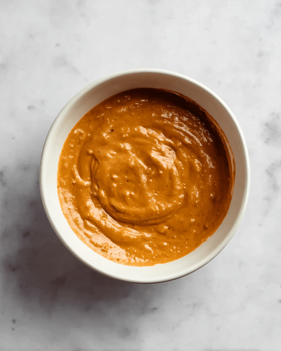 A single white bowl filled with a thick, creamy orange-brown sauce with a slightly chunky texture, placed on a white marbled surface. The sauce is smooth with some small lumps and has a glossy sheen, swirling slightly in the middle where it appears to have been stirred. The bowl is centered in the image, and the scene is brightly lit with soft, natural light. Photo taken with an iphone --ar 4:5 --v 7