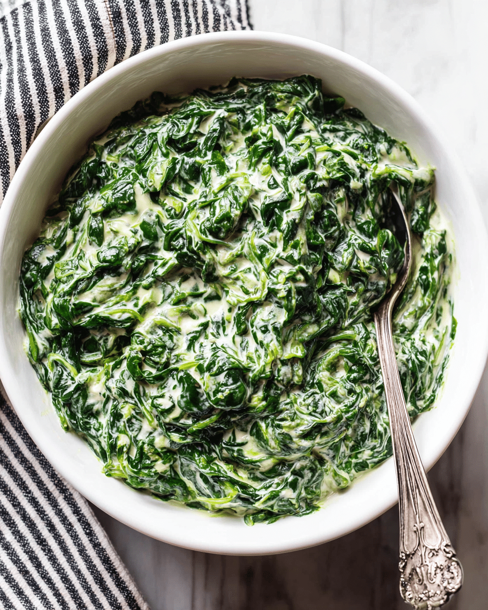 A single white bowl filled with creamy cooked spinach mixed with a white sauce, showing a rich green leafy texture throughout, resting on a white marbled surface with a silver spoon placed inside the bowl at the right edge, the spoon handle showing intricate details, a black and white striped cloth partially visible to the top left side of the bowl, all captured from a top-down view, photo taken with an iphone --ar 4:5 --v 7