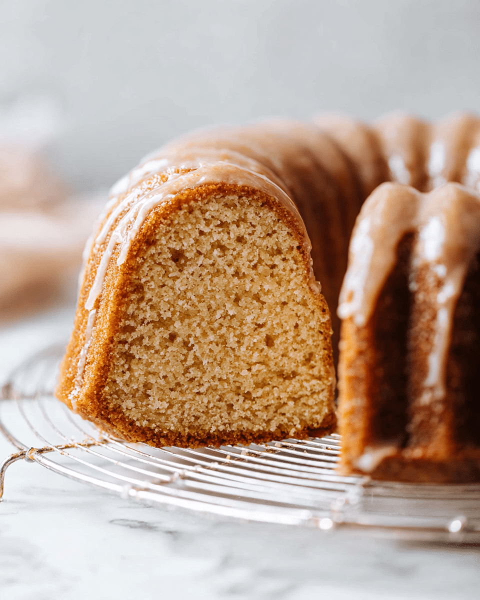 A sliced bundt cake with a light brown, soft, and slightly crumbly inside texture sits on a round wire cooling rack placed on a white marbled surface. The cake’s outside is golden brown with a shiny glaze coating that drips slightly down the sides. The slices are evenly cut, showing the dense but tender crumb inside, and the whole cake forms a ring shape with ridges running along the edges. The background is softly blurred in light tones. photo taken with an iphone --ar 4:5 --v 7