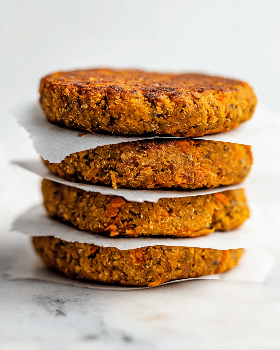 A stack of four vegan patties with a brown, slightly crispy texture is shown, each patty separated by sheets of white parchment paper. The patties have a rough, crumbly surface with visible bits of grains and vegetables, giving an orange-brown speckled look. The stack is placed on a white marbled surface with a soft, bright background that highlights the detailed texture and layers of the patties. photo taken with an iphone --ar 4:5 --v 7