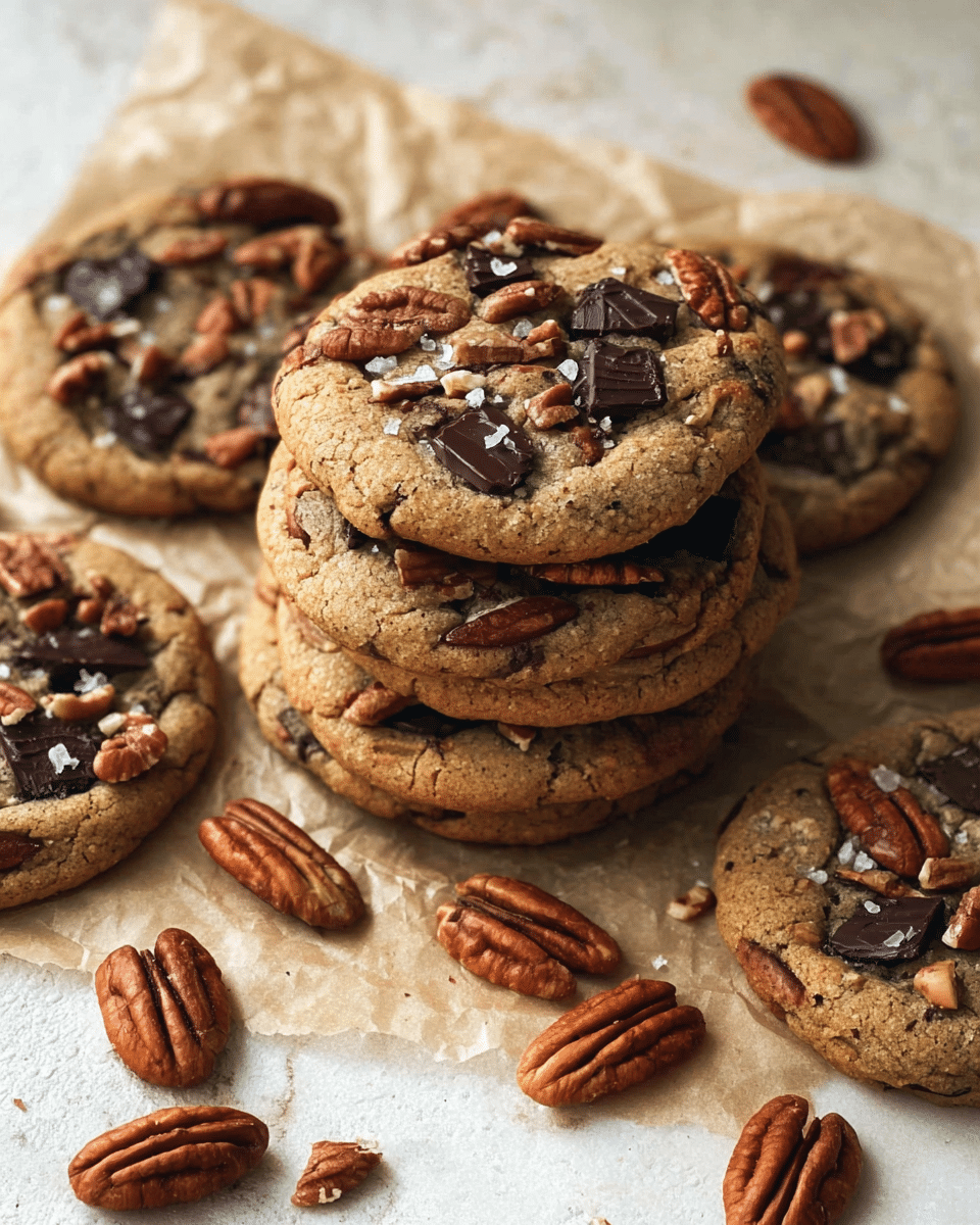 A stack of soft brown cookies filled with large dark chocolate chunks and topped with whole and chopped pecans scattered across the surface, resting on a crinkled sheet of parchment paper over a white marbled texture; some extra pecan pieces are spread around the cookies, showing varied rough and smooth textures contrasting with the slightly shiny dark chocolate bits. photo taken with an iphone --ar 4:5 --v 7