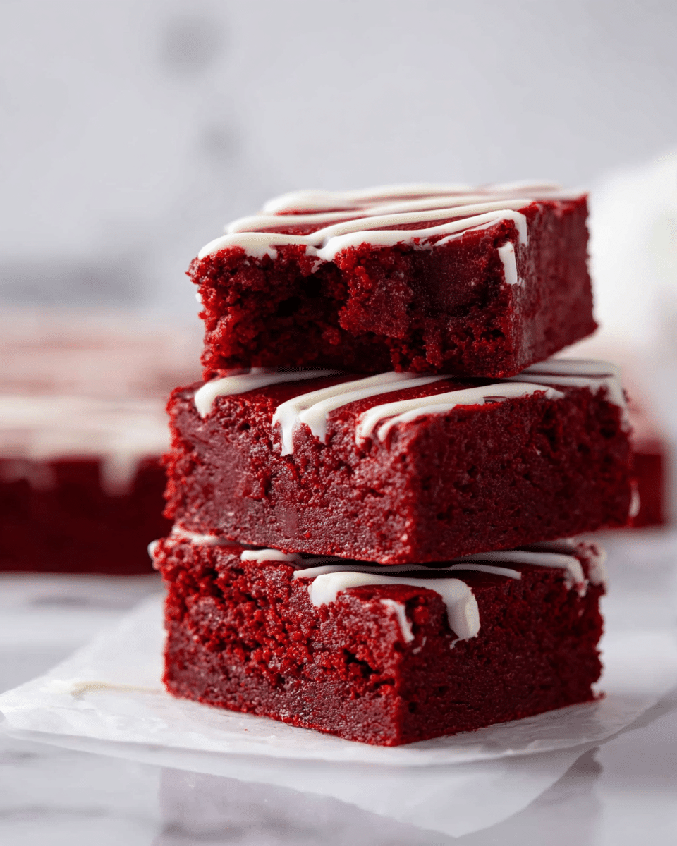 A stack of three thick, square red velvet brownies with a rich red color and soft texture is shown on white parchment paper with a white marbled surface underneath. The top brownie is slightly bitten, showing its moist inside, and all brownies have thin white icing lines drizzled on top. The background is softly blurred, and the focus is on the stack, giving it a fresh, appetizing look. photo taken with an iphone --ar 4:5 --v 7