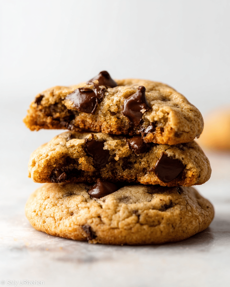 A stack of two warm chocolate chip cookies sits on a white marbled surface, with one cookie whole as the base and another cookie broken in half resting on top. The cookies are golden brown with a slightly rough texture, showing soft melted dark chocolate chips embedded in and on the surface. The broken cookie pieces reveal a soft and chewy inside with visible chocolate chips. photo taken with an iphone --ar 4:5 --v 7