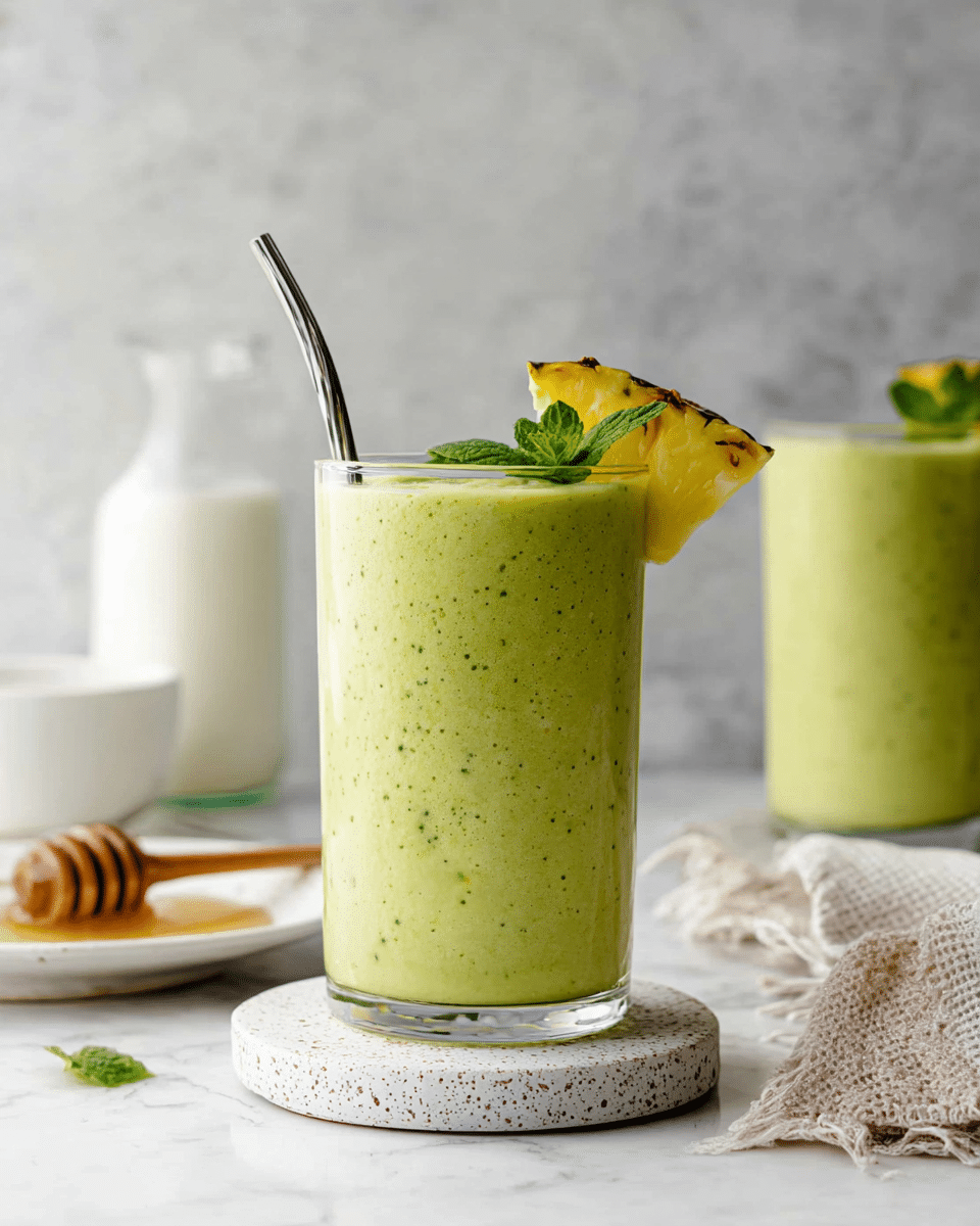 A tall clear glass filled with a thick light green smoothie, showing small green specks throughout, sits centered on a white speckled round coaster. A silver metal straw leans out from the glass, and the rim is decorated with a slice of yellow pineapple and a small bright green mint leaf. Behind, there is a second glass with the same smoothie, similarly garnished with pineapple and mint, slightly out of focus. The setting is on a white marbled surface with a blurred pale gray textured background. Nearby, there is a clear glass bottle filled with white liquid and a honey dipper with honey on the left edge of the frame, while a white bowl and a textured cloth napkin appear on the right. photo taken with an iphone --ar 4:5 --v 7