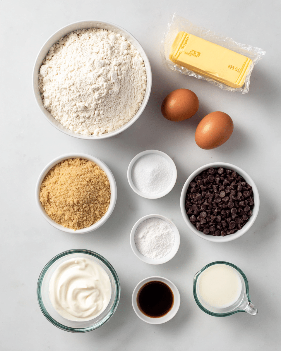 A top-down view of baking ingredients arranged neatly on a white marbled surface, including a large white bowl filled with flour at the top left, a stick of butter wrapped in yellow paper at the top right, and two brown eggs placed side by side below the flour. Below the eggs, there are three small white bowls with white powders, likely baking soda, salt, and baking powder. In the center, a white bowl holds light brown sugar with a crumbly texture. Below this, a white bowl is filled with small dark chocolate chips. To the right of the chocolate chips is a glass measuring cup with white milk, and beside it a small white bowl containing dark vanilla extract. At the bottom center, there is a white bowl with thick white cream. All items are spaced out evenly, showing clear texture and color contrast. photo taken with an iphone --ar 4:5 --v 7