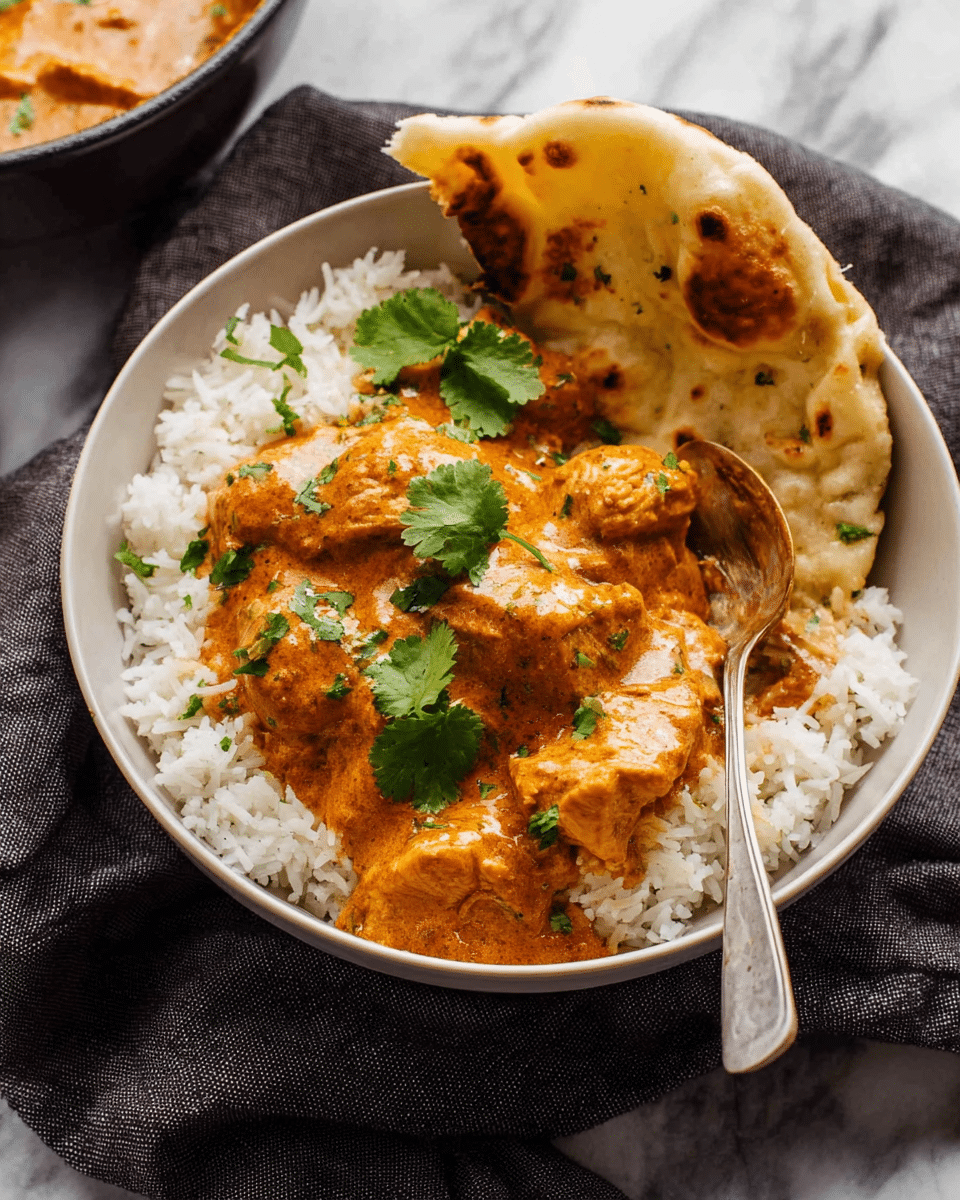 A white bowl filled with a base layer of fluffy white rice, topped with several pieces of chicken covered in thick, orange-brown creamy sauce with a few bright green cilantro leaves scattered on top. A piece of folded naan bread is placed upright on the right side of the bowl, resting against the chicken and rice. A silver spoon is partially inside the bowl on the right side, touching the sauce. The bowl rests on a dark grey cloth on a white marbled surface. Photo taken with an iphone --ar 4:5 --v 7