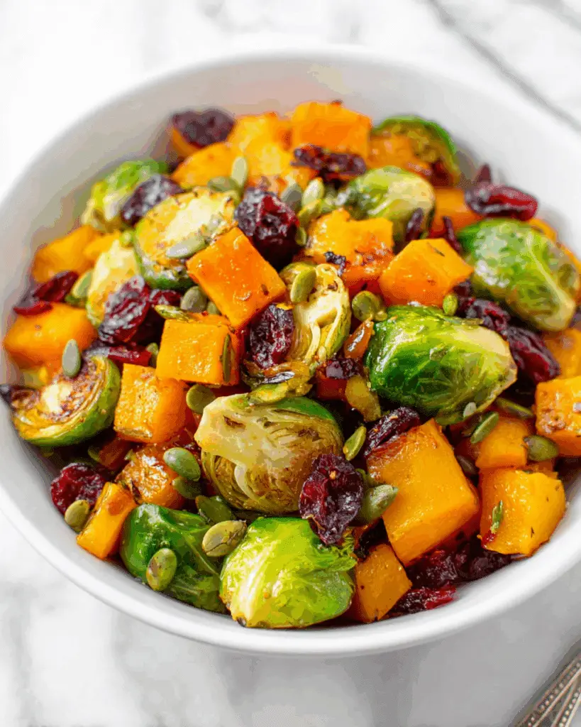 Maple Roasted Butternut Squash and Brussels Sprouts with Cranberries and Pumpkin Seeds Recipe