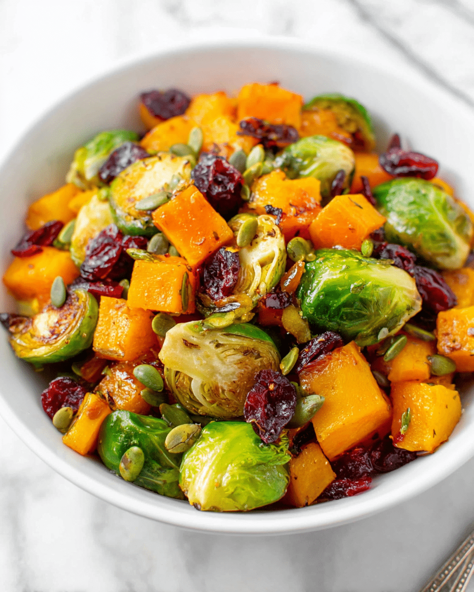 Maple Roasted Butternut Squash and Brussels Sprouts with Cranberries and Pumpkin Seeds Recipe