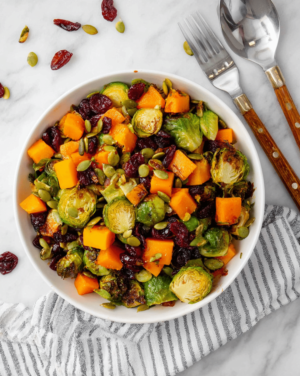 A white bowl filled with a colorful mix of roasted Brussels sprouts, cubed orange butternut squash, dried deep red cranberries, and green pumpkin seeds scattered on top, all mixed evenly. The Brussels sprouts show a slightly browned, crispy texture with bright green colors, and the squash cubes are vibrant and soft-looking. The bowl is placed on a white marbled surface, with a striped cloth and two forks with wooden handles positioned nearby. A few pumpkin seeds and dried cranberries are scattered around the bowl. Photo taken with an iphone --ar 4:5 --v 7