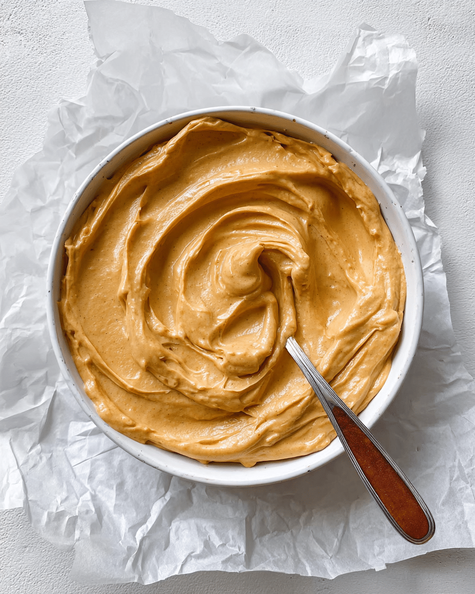 A white bowl filled with a smooth, thick dip that is light brown in color with shiny and creamy texture, gently swirled on the top showing soft ridges and curves; a silver spoon with a brown handle rests inside the bowl, partially submerged in the dip; the bowl sits on crumpled white paper on a white marbled surface. photo taken with an iphone --ar 4:5 --v 7