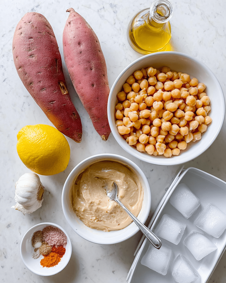 A white bowl filled with light beige cooked chickpeas sits near the top right corner, next to a small clear bottle of golden olive oil. Below the bowl is another white bowl containing thick, pale tan tahini sauce with a spoon inside. Toward the left side of the image are two long, dark pink sweet potatoes, a bright yellow lemon, and a small white garlic bulb. At the bottom left is a small white dish holding a mix of ground spices, including reddish-orange powder, light brown powder, and pink salt. In the lower right corner is a white ice cube tray with a few ice cubes, all laid out on a white marbled surface. The photo taken with an iphone --ar 4:5 --v 7