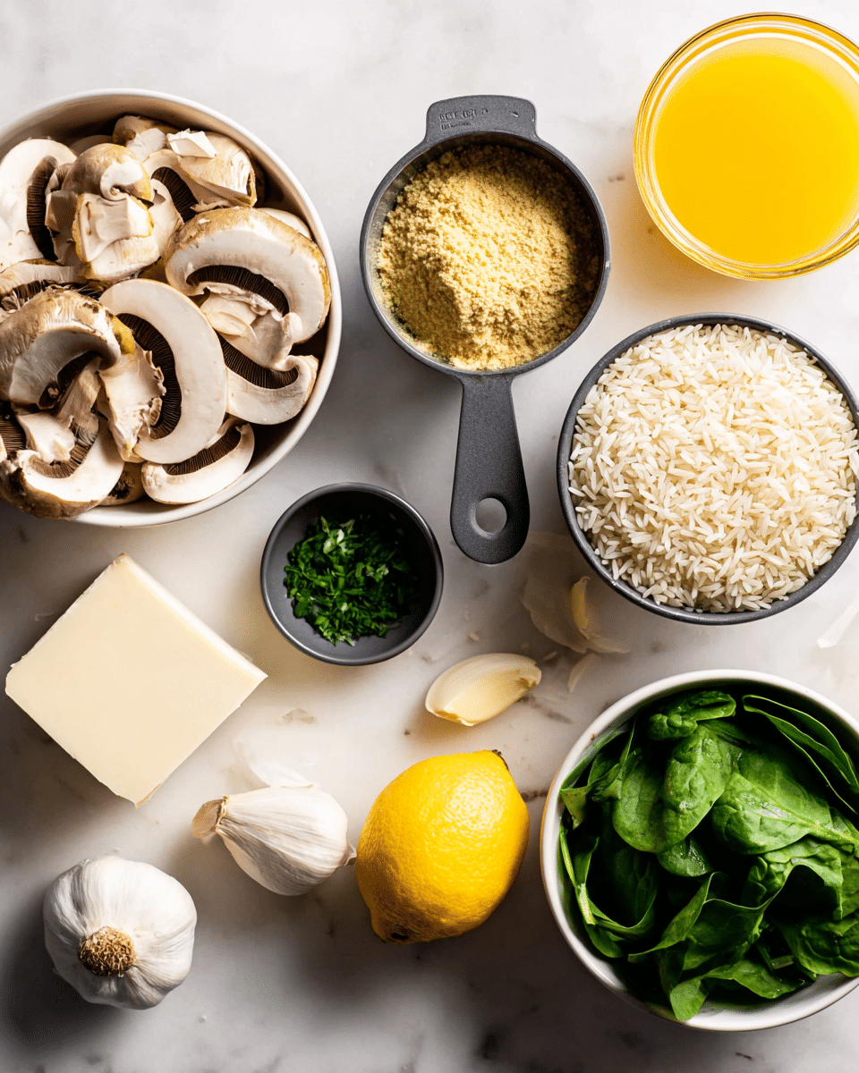 A white bowl filled with many sliced mushrooms showing their light beige color with dark brown inside gills sits in the upper left. Below it, a dark gray measuring cup holds a mound of yellow powder, and to its right, another dark gray measuring cup is filled with white uncooked rice grains. In the lower left corner, a white square piece of butter is placed near a small bowl with green chopped herbs. On the right side of the image, a yellow onion rests next to three peeled white garlic cloves and a half lemon with bright yellow skin. A white bowl filled with fresh whole green spinach leaves is near the bottom right. In the top right, a glass container holds bright yellow liquid. All items are arranged on a white marbled surface photo taken with an iphone --ar 4:5 --v 7