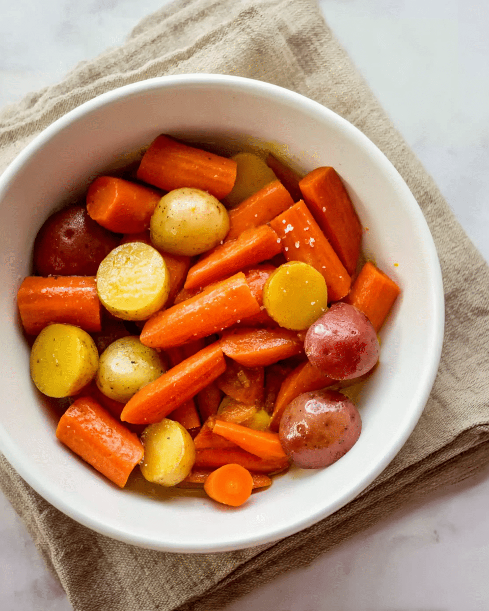 A white bowl filled with multiple chopped carrot pieces showing their bright orange color and smooth texture, mixed with small red and yellow potato pieces that are round and glossy, all lightly sprinkled with salt. The bowl is placed on a beige cloth lying on a white marbled surface. photo taken with an iphone --ar 4:5 --v 7