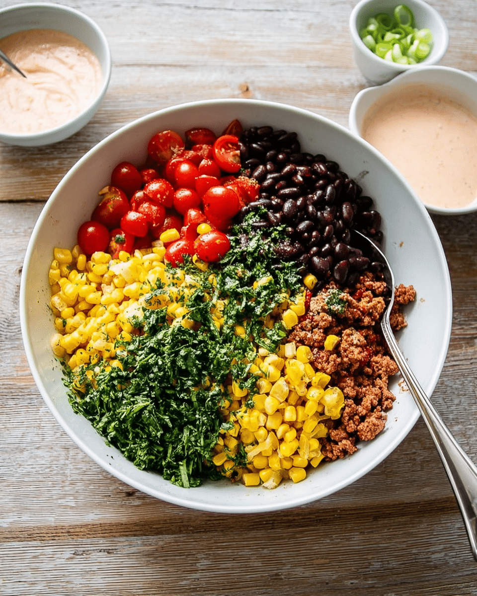 A white bowl filled with six distinct layers arranged side by side: bright red cherry tomatoes on the top left, shiny black beans below them, yellow corn kernels at the bottom right, finely chopped green herbs piled in the center, cooked brown ground meat on the right side near the corn, and sliced green onions peeking out on the far right. A silver spoon rests inside the bowl on the left edge. The bowl sits on a light wooden surface, and two small bowls, one with a pale pink sauce and the other partially visible, are in the background. photo taken with an iphone --ar 4:5 --v 7