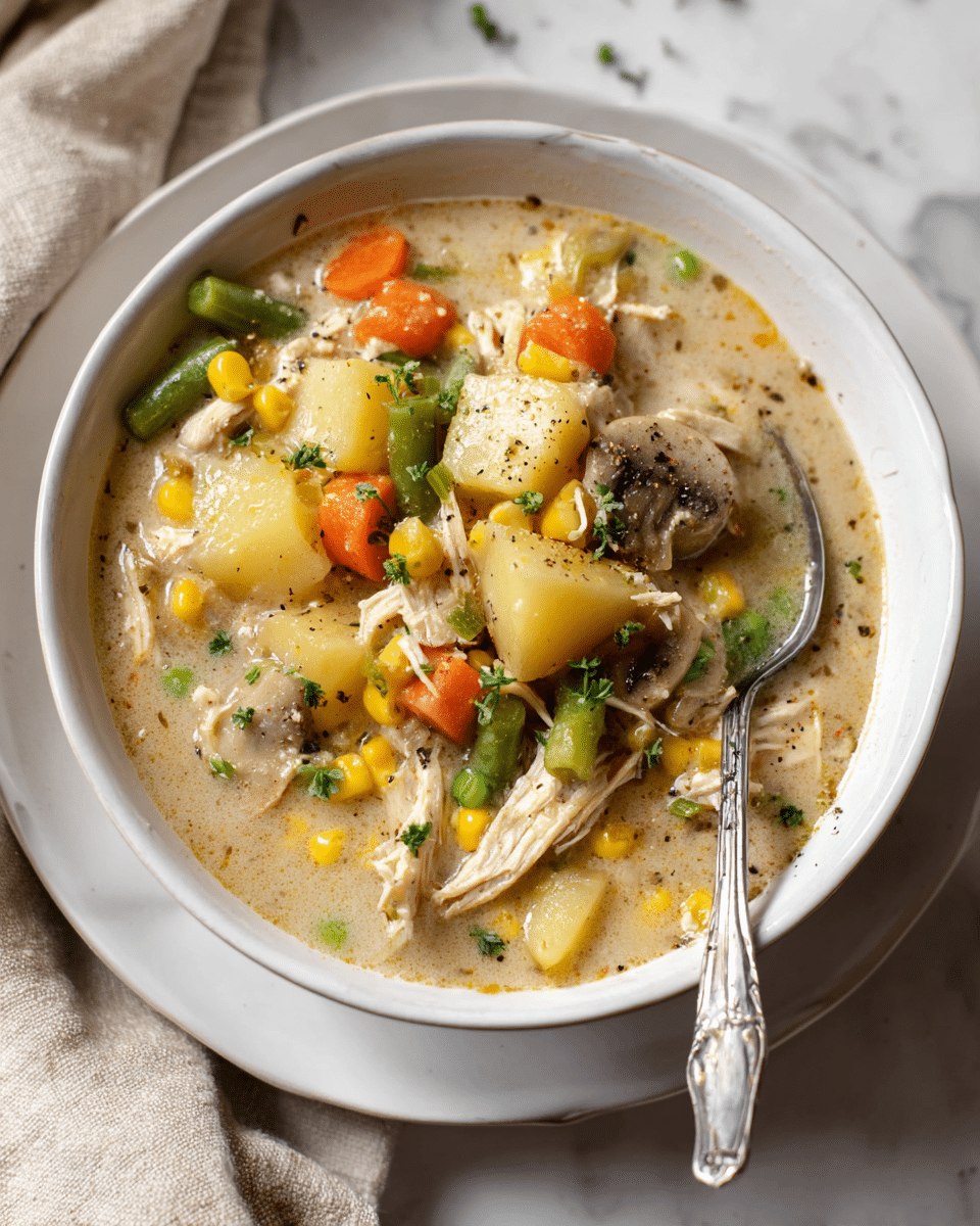 A white bowl filled with thick chicken soup showing three main layers of ingredients: chunks of light yellow potatoes, shredded white chicken pieces, and mixed vegetables including bright orange carrots, yellow corn, green beans, and slices of brown mushrooms. Small green herb pieces are sprinkled on top, along with some black pepper. The soup broth is creamy beige and covers all layers, with a silver spoon resting inside the bowl. The bowl sits on a white plate with a white marbled surface underneath, and a beige cloth napkin is placed nearby. photo taken with an iphone --ar 4:5 --v 7