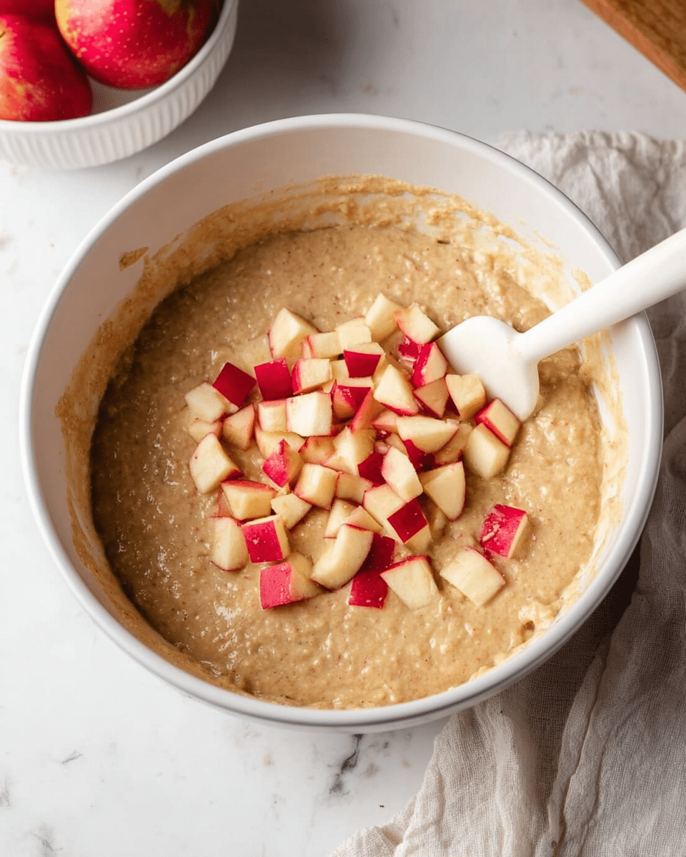 A white bowl filled with thick, light brown batter with a slightly rough texture. On top, there is a pile of small, diced apple pieces showing red skin and pale yellow inside, sitting in the middle of the batter. A white spatula is partially inside the bowl, resting against the side and slightly covered by the batter. The bowl is placed on a white marbled surface, with a light-colored cloth nearby and part of a white bowl with red apples in the background. Photo taken with an iphone --ar 4:5 --v 7