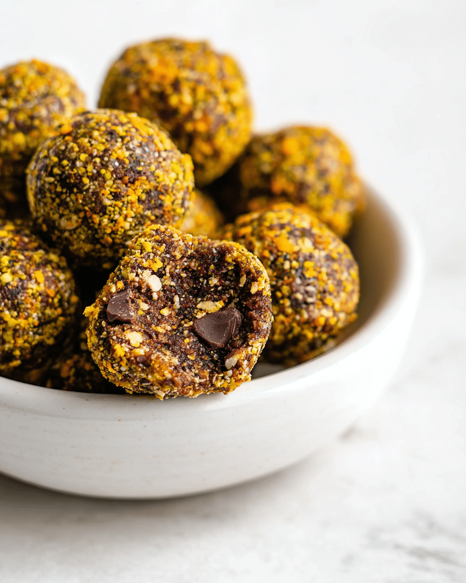 A white bowl is filled with round energy balls covered in a rough coating made of yellow and orange crushed nuts or seeds. One ball at the front is partially bitten, showing a dense, dark brown interior mixed with lighter bits and a piece of dark chocolate near the center. The texture of the energy balls looks a bit crumbly but firm, with a mix of colors like dark brown, yellow, and pale orange spread evenly on the outside and inside. The bowl sits on a white marbled surface. photo taken with an iphone --ar 4:5 --v 7