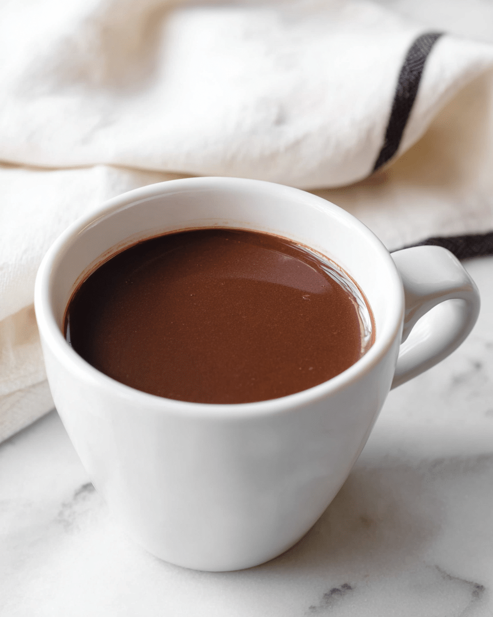A white cup filled with smooth, dark brown hot chocolate that has a shiny surface, sitting on a white marbled surface. Behind the cup, there is a soft, white cloth with a thin black edge, softly folded in the background. The image is clean and simple with focus on the deep, rich liquid inside the cup. Photo taken with an iphone --ar 4:5 --v 7