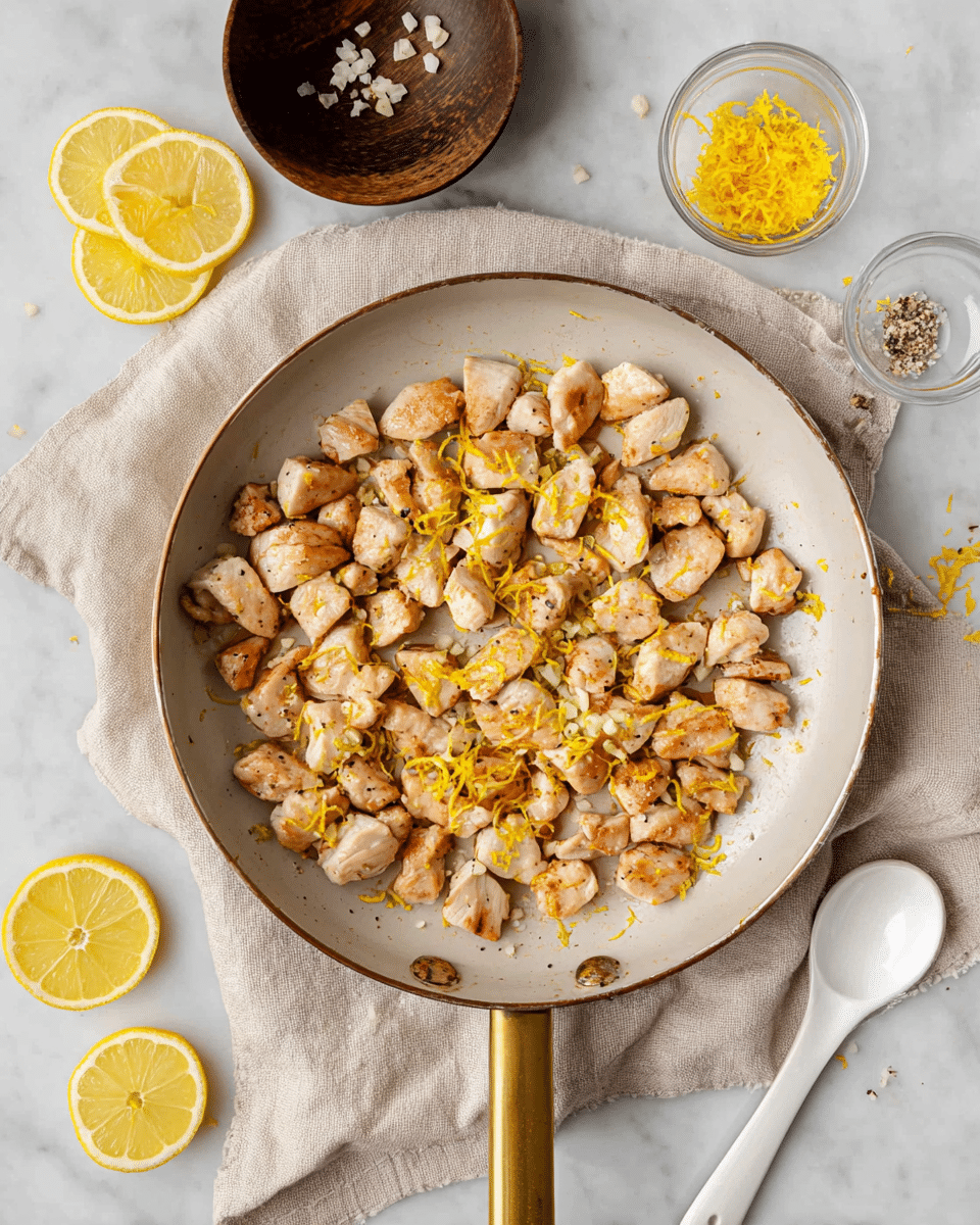 A white frying pan filled with small pieces of cooked light brown chicken, scattered with bright yellow lemon zest and small white minced garlic pieces on top. The pan has a shiny golden handle and sits on a light beige cloth that is folded around it. Around the pan, there are four round yellow lemon slices to the left, a small empty dark wooden bowl above, and a small clear glass bowl with lemon zest to the upper right. A white spoon rests on the bottom right edge. The whole setting is on a white marbled surface. photo taken with an iphone --ar 4:5 --v 7