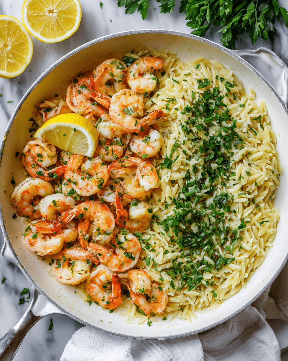 A white pan filled with three layers of food: at the bottom is a layer of light yellow orzo pasta, next a layer of cooked shrimp with orange and white tones spread over the pasta, and on top fresh chopped green herbs sprinkled all over including parsley and chives. Two lemon wedges, one whole and one sliced, with bright yellow skin and pale yellow inside, sit on the top near the shrimp. The background is a white marbled surface with a white cloth and some green herbs visible around the pan. Photo taken with an iphone --ar 4:5 --v 7