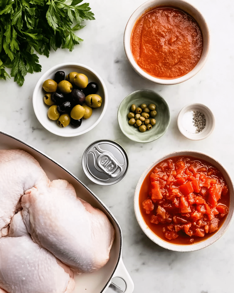 A white pan with two large light pink raw chicken pieces sitting on a white marbled surface. To the left, there is a white bowl of green and black olives, a small white bowl with green capers, and a greenish bowl with salt and black pepper. Above these bowls are fresh green parsley leaves. To the right of the pan are two white bowls filled with bright red diced tomatoes in sauce. A bottle of water with a pull tab lies horizontally in the center on the white marble surface. photo taken with an iphone --ar 4:5 --v 7