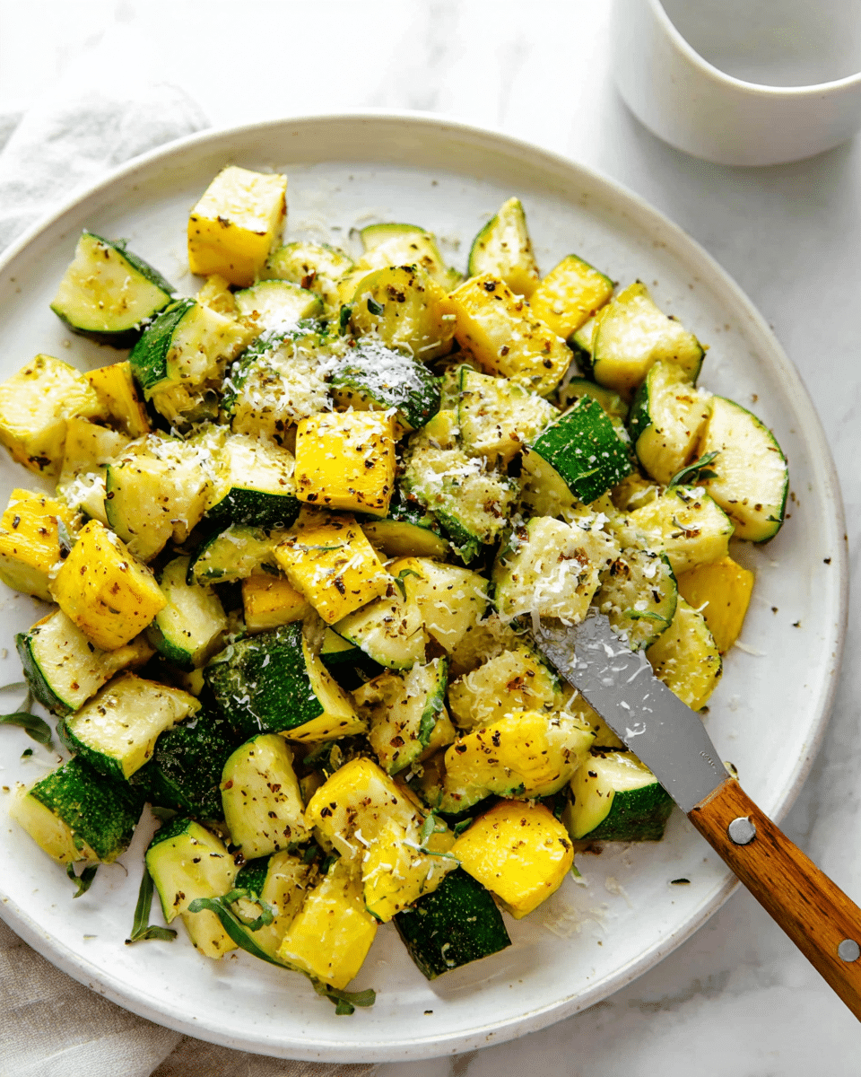 A white plate holds a mix of cooked, cubed green zucchini and yellow squash. The vegetables are cut into thick, uneven chunks showing their soft, tender textures. They are sprinkled with grated white cheese on top and speckled with black pepper and herbs, giving a slightly speckled look. A knife with a wooden handle rests diagonally across the plate, partly lifting a piece of squash. The scene is set on a white marbled surface, with a white cup slightly blurred in the background. photo taken with an iphone --ar 4:5 --v 7