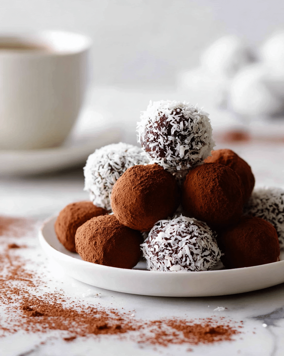 A white plate holds a pile of round chocolate balls, some covered in dark brown cocoa powder and others coated with white shredded coconut. The balls are stacked in a loose mound, with several scattered on the white marbled surface around the plate, leaving soft brown cocoa powder marks. In the background, a blurry white cup is visible, adding depth to the scene. The overall texture shows the smooth powder and the rough coconut flakes clearly. photo taken with an iphone --ar 4:5 --v 7