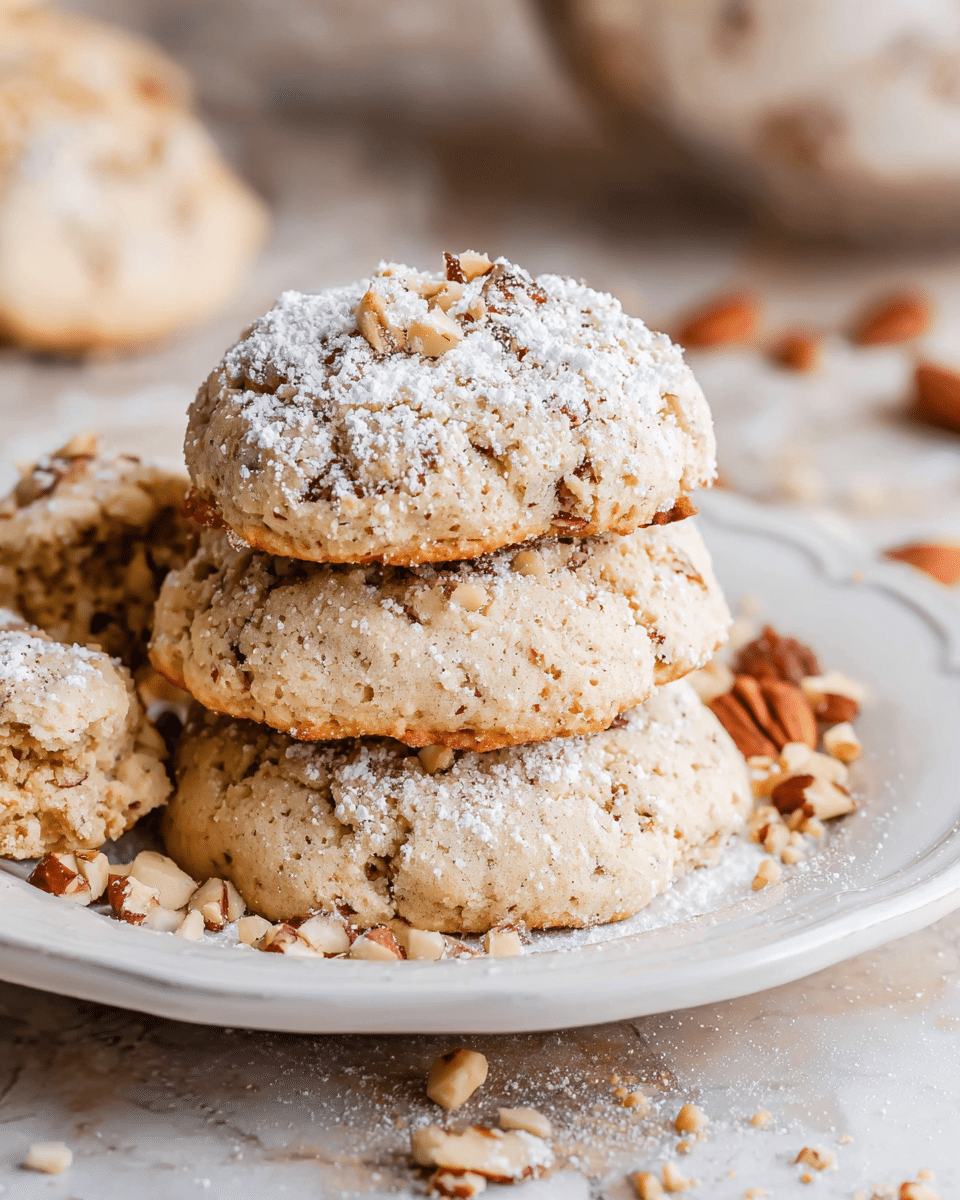 A white plate holds a stack of three thick, crumbly cookies with a rough texture showing small nut pieces inside and on top. The top cookie is dusted with white powdered sugar and scattered nuts. Around the stack, there are more cookies lying flat, one partly broken, showing its crumbled inside and nut bits. The plate rests on a white marbled surface with some crushed nuts scattered nearby. Photo taken with an iphone --ar 4:5 --v 7