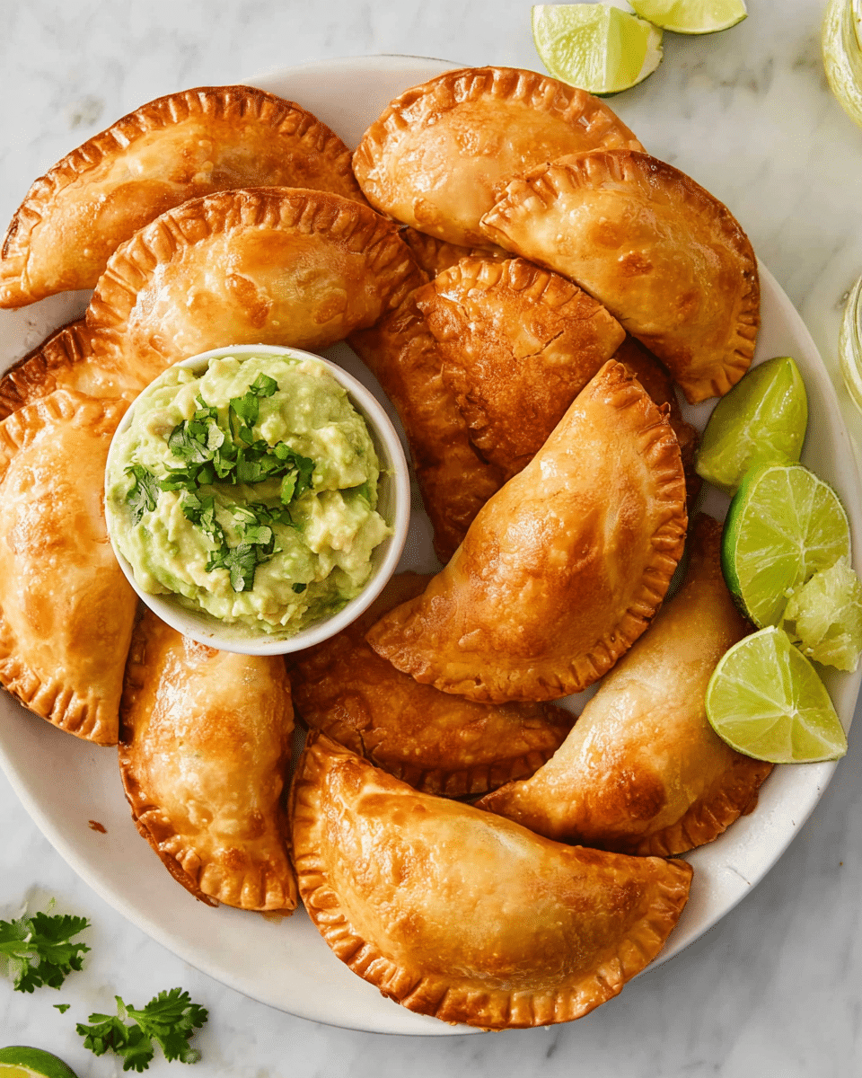 A white plate is filled with nine golden-brown empanadas arranged in a circular pattern, each showing a crimped edge and a glossy, flaky crust. In the center, a small white bowl holds a chunky, light green guacamole topped with a sprig of fresh cilantro. To the right of the bowl, there are three lime wedges with bright green skin and juicy, pale green flesh. The plate sits on a white marbled surface, and a few more lime wedges are scattered nearby. photo taken with an iphone --ar 4:5 --v 7
